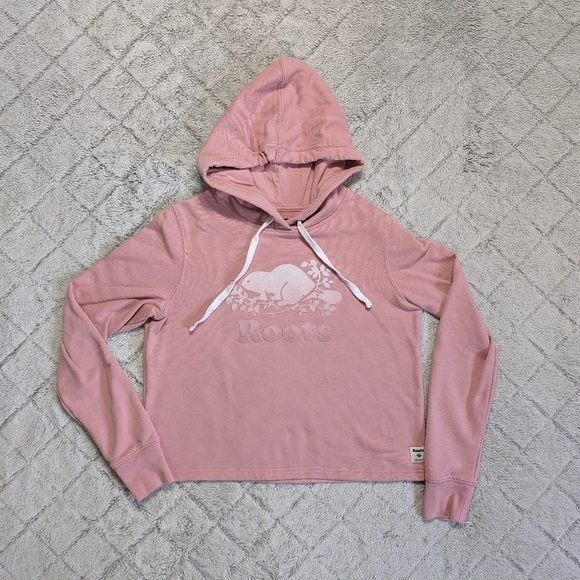 Roots Hoodie Women's Small Pink Graphic Print Cropped Cotton Blend Boxy - Picture 1 of 8